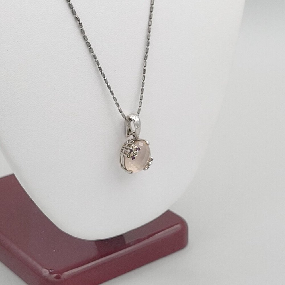 Lirm 925 Italy Signed Womens Silver Oval Ball Chain White Stone Pendant 19 in - Picture 3 of 9